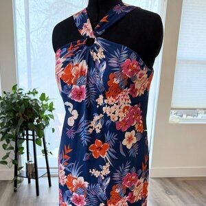 Tommy Bahama Blue Tropical Floral Halter Maxi Dress Size L Shelf Bra